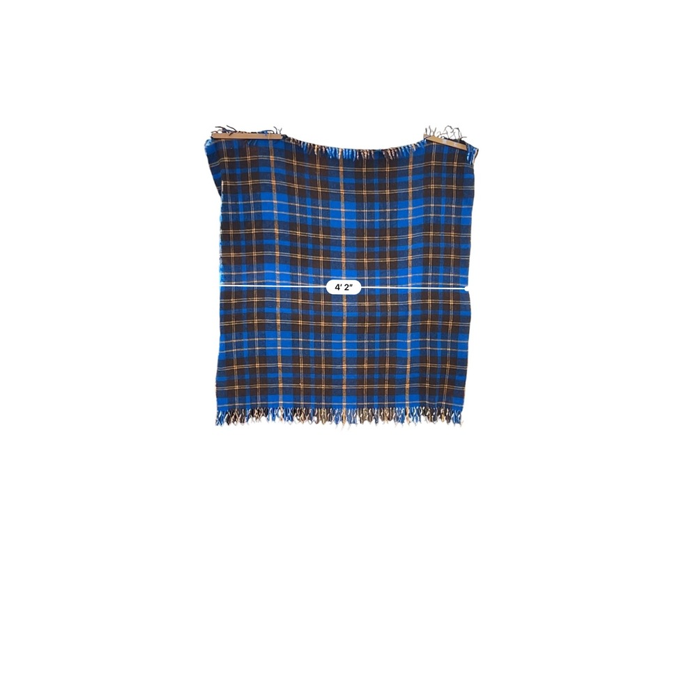 Pair VTG Wool Irish Tartan Plaid Throw Camp Blankets Blue Fringe Cabin Boy Bunk - Picture 7 of 8